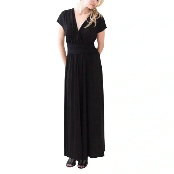 Agnes & Dora Sleeveless Maxi Dress Deep V-Neck Ruched Waist Black Size XL